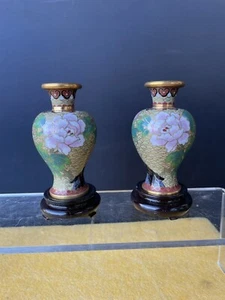 Pair Vintage Chinese Cloisonne Vases  Tan Cloisonne Pink Flowers Vases 4” H. - Picture 1 of 11