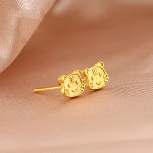Pure Gold Earrings Stud For Women Tiger Head 24K Solid Gold Earring Post NEW - Picture 1 of 5