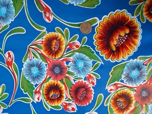 BLUE BLOOM VINYL OILCLOTH TABLECLOTHS DINING KITCHEN PATIO 6 SIZE 48x48-108 - Picture 1 of 3
