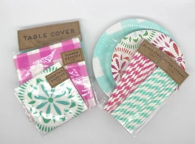 Juego de fiesta para 16+ platos verde azulado + rosa, servilletas, pajitas, mantel barbacoa cumpleaños Foto 1 de 4