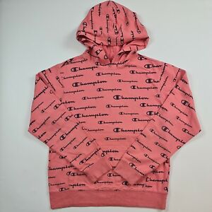 Champion Youth Hoodie Pullover Pink All Over Print Graphic Spell out Size XL 