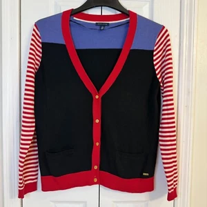 Tommy Hilfiger Cardigan Striped Sleeve Pockets Knit Top L gold button Preppy - Picture 1 of 8