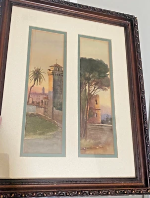 Finas pinturas de acuarela tropical palmeras iglesia torre díptico enmarcado Foto 1 de 4