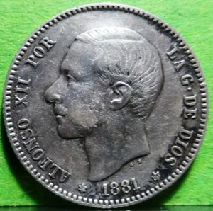 Muy Escaso, ALFONSO XII, 1 Peseta, 1881, Estrellas 18-81, Plata - Imagen 1 de 2