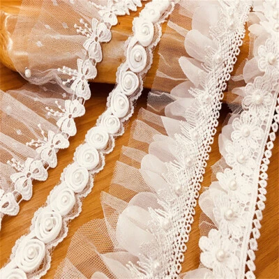 1Yd Embroidered Chiffon Pleated Beaded Lace Trim Ribbon DIY Wedding Dress Sewing - Image 1 of 4