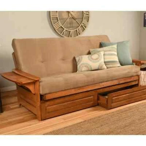 Futon Bed Set - Full Sz Solid Wood Futon w/Cotton Mattress & Storage - Sandy Brn - Picture 1 of 8