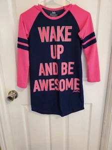 Justice Girl Blue & Pink Sleepwear Shirt W/"Wake Up And Be Awesome" L/S Size 10 - Picture 1 of 4