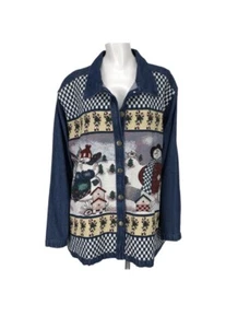 Vintage 90s Quacker Factory Denim Jacket Tapestry Christmas Medium Snowman - Picture 1 of 4