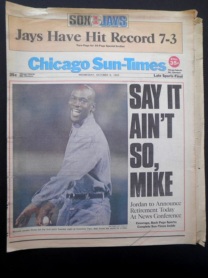RARO PERIÓDICO DEPORTIVO BULLS MICHAEL JORDAN SE RETIRA NBA 1993 VINTAGE ORIGINAL Foto 1 de 1