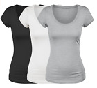 Women's Scoop U-Neck Short Sleeve Solid T Shirts-3 Pk(White,Black,H.Grey)-Small