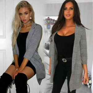Blazer giacca cappotto spolveratoio donna check segugi denti tartan manica a 3/4 - Foto 1 di 1