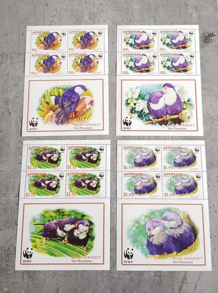 AVES AITUTAKI -WWF- ESPECIES EN PELIGRO DE EXTINCIÓN LORIKEET AZUL 4 HOJAS EN MINIATURA MNH Foto 1 de 1