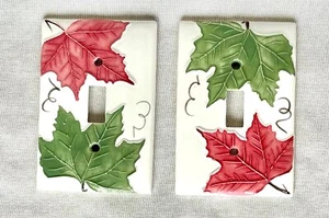 *2* Vtg Ceramic Switch Plate Covers. CV Reeve Tile Red and Green Maple Leaf - Picture 1 of 4