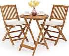 3 Pcs Patio Folding Bistro Set, Outdoor Acacia Wood Chair And Table Set W/Padded