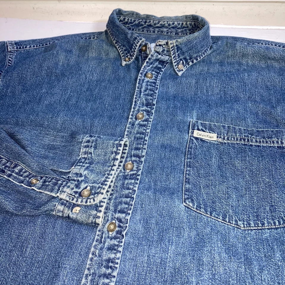 Vintage 90s Calvin Klein Jeans Denim Long Sleeve Button Down Shirt Blue Sz XL - Image 1 of 4