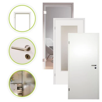 HORI Glastür Komplettset Zimmertür inkl. Türgriff + Zarge - Glatt Weißlack