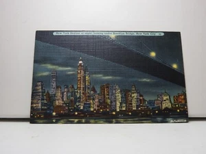 Linen Postcard New York Skyline Brooklyn Bridge at Night New York City NY E147 - Bild 1 von 2