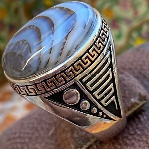 925 sterling Silver men's ring Natural unheated Agate Aqeeq عقيق سليماني مشجر