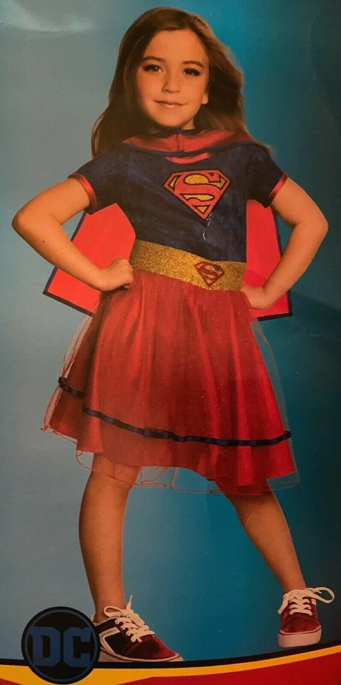 DC Supergirl Costume with Dress and Cape Red Blue Gold Girl Size Small 4 - 6 NEW - Image 1 of 1