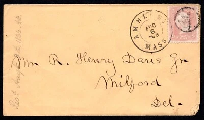 US 1866 POST CIVIL WAR COVER AMHERST MASS. TO MILFORD DEL. RARE FANCY CANCEL - Image 1 of 2
