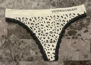 NWT VICTORIA'S SECRET S IVORY BLACK LEOPARD LACE SEAMLESS RARE THONG PANTIES - Picture 1 of 3