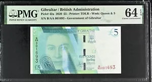 Gibraltar 2020 £5 P42a British Administration -- PMG Choice UNC 64 EPQ - Picture 1 of 3