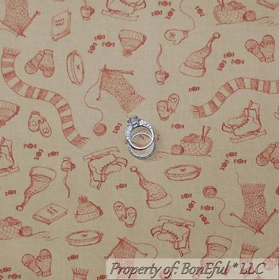 BonEful Fabric FQ Cotton Quilt Tan Red Knit Yarn Hat Sweater Ice Skate Xmas VTG - Image 1 of 4