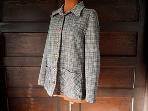 VTG 60s 70s Handmade Gray Brown Plaid Polyester Business Pockets Top Jacket Sz L - Picture 1 of 6