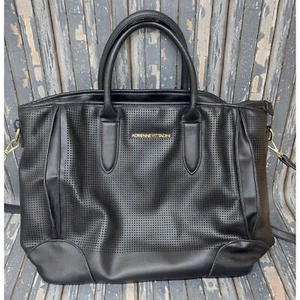 Adrienne Vittadini Black Weekender Tote Bag Double Handle Vegan Leather Zip Top - Picture 1 of 12