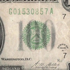 1928 A Chicago One Hundred Dollar Bill G02077597A Gold Clause Pin Hole - Picture 1 of 11