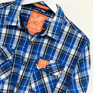 Superdry Hemd Herren Große L Freizeit Baumwolle Kariert Blau Weiß Langarm - Bild 1 von 12