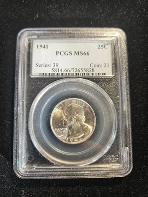 Moneda de plata 90 % de Estados Unidos 1941‐P Washington Quarter 25c — PCGS MS66 (gema sin circular) Foto 1 de 4