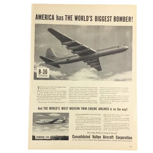 1946 Vultee Aircraft Vintage Print Ad B-36 Biggest Bomber Plane Conair 240 Airliner - Bild 1 von 1