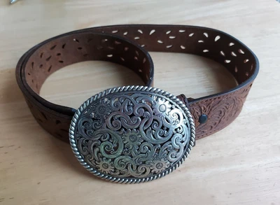 Tony Lama Womens Tooled Pierced Leather Brown Belt and Scrolled Buckle Vintage - Image 1 of 4