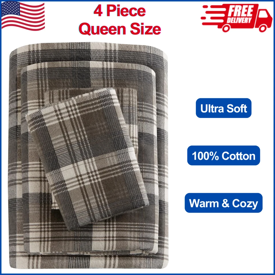 Juego de sábanas de franela Woolrich Queen 4 piezas marrón a cuadros 100 % algodón juego de cama cálido Foto 1 de 4