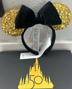 !New Walt Disney World 50th Anniversary Gold Luxe Jeweled Minnie Ears Headband - Picture 1 of 5