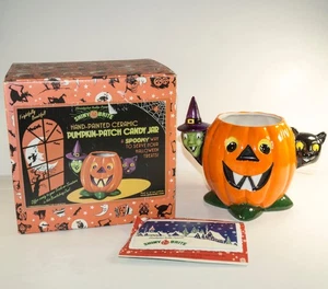 Christopher Radko Brillante Brite Parche Calabaza Cerámica Caramelo Tarro 6" Bruja Gato Negro - Imagen 1 de 10