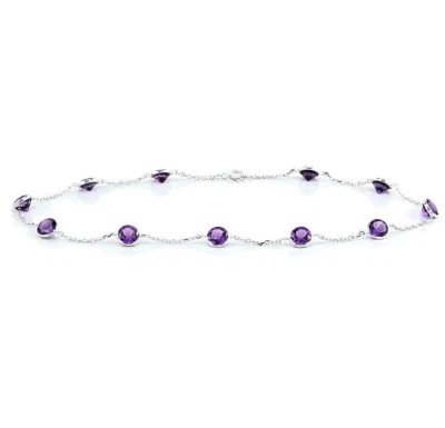 Tobillera de piedras preciosas de oro blanco de 14K con amatistas de forma redonda 11 pulgadas Foto 1 de 3