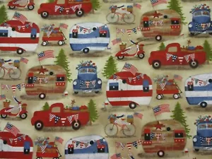 RETRO TRUCK TRAILER TRUCKS BICYCLES USA TRAILERS VESPA COTTON FABRIC BTHY - Picture 1 of 9