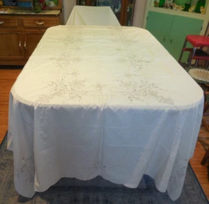 Fantasia Embroidered w/ Cutwork Oblong Tablecloth 70x124" Tan Scalloped Edging - Picture 1 of 12