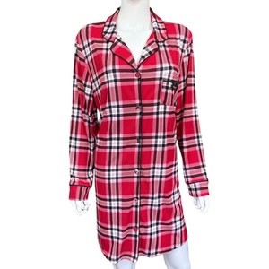Laura Ashley Red Plaid Button-Up Long Sleeve Nightshirt Womens Size Large - Picture 1 of 8