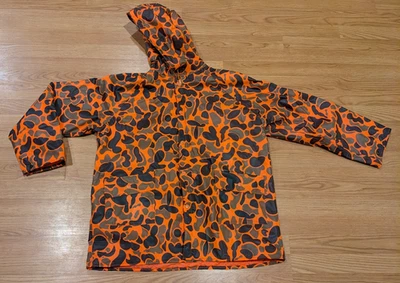 Vintage US Camper Orange Green Camo Snap PVC Quilted Rain Jacket - L - Image 1 of 4