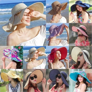 Women Brim Straw Hat Sun Floppy Wide Brim Hats Bowknot Folding Beach Caps Hom JE - Picture 1 of 24