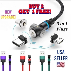 Magnetic Phone Charger Cable 360°Rotate For Micro USB/Type C/iPhone With 3 Plugs - Picture 1 of 15