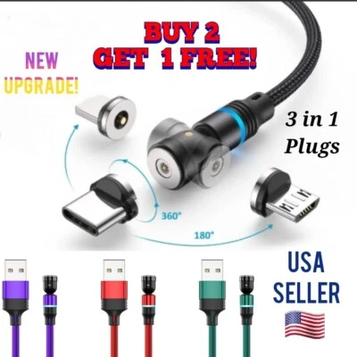 Magnetic Phone Charger Cable 360°Rotate For Micro USB/Type C/iPhone With 3 Plugs - Image 1 of 4