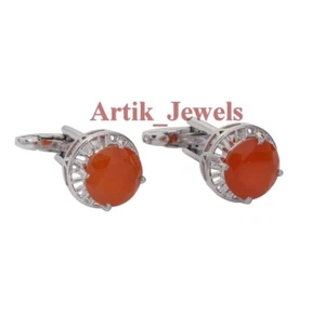 Natural Red Onyx Gemstone With 14K White Gold Plated Silver Cufflink #689 - Picture 1 of 10