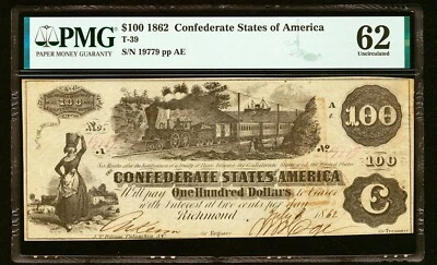 1862 $100 Confederate States of America T-39 - PMG 62! A SUPERB NOTE! - Image 1 of 2