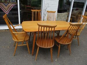 Vintage Ercol Plank Table With 6 Goldsmith Chairs incl 2 Carvers 1960s Windsor
