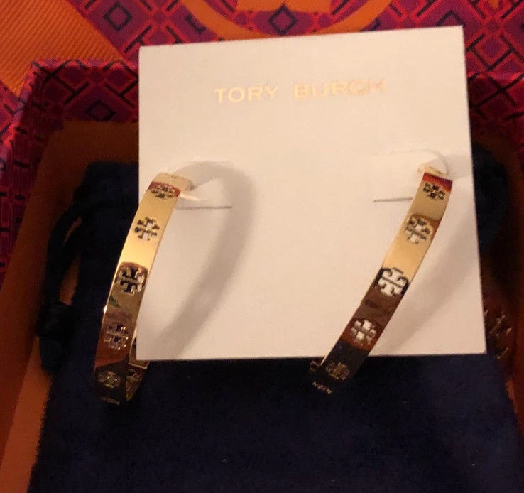 Tory Burch Pierced T Logo Hoop Earrings 16k Shiny Gold Plated