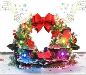 3D Pop up Christmas Cards, Wreath Design, Musical, Includes Envelope - Picture 1 of 3